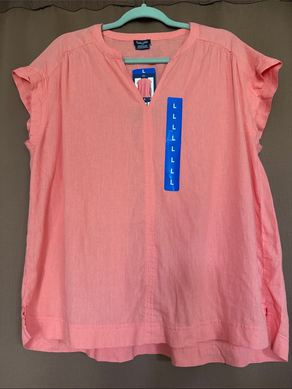 Splendid Linen Coral Split-Neck Short Sleeve Tunic